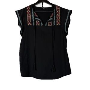 Adrianna Papell Womens Top Size M Black Embroidered Peasant Blouse Tassels